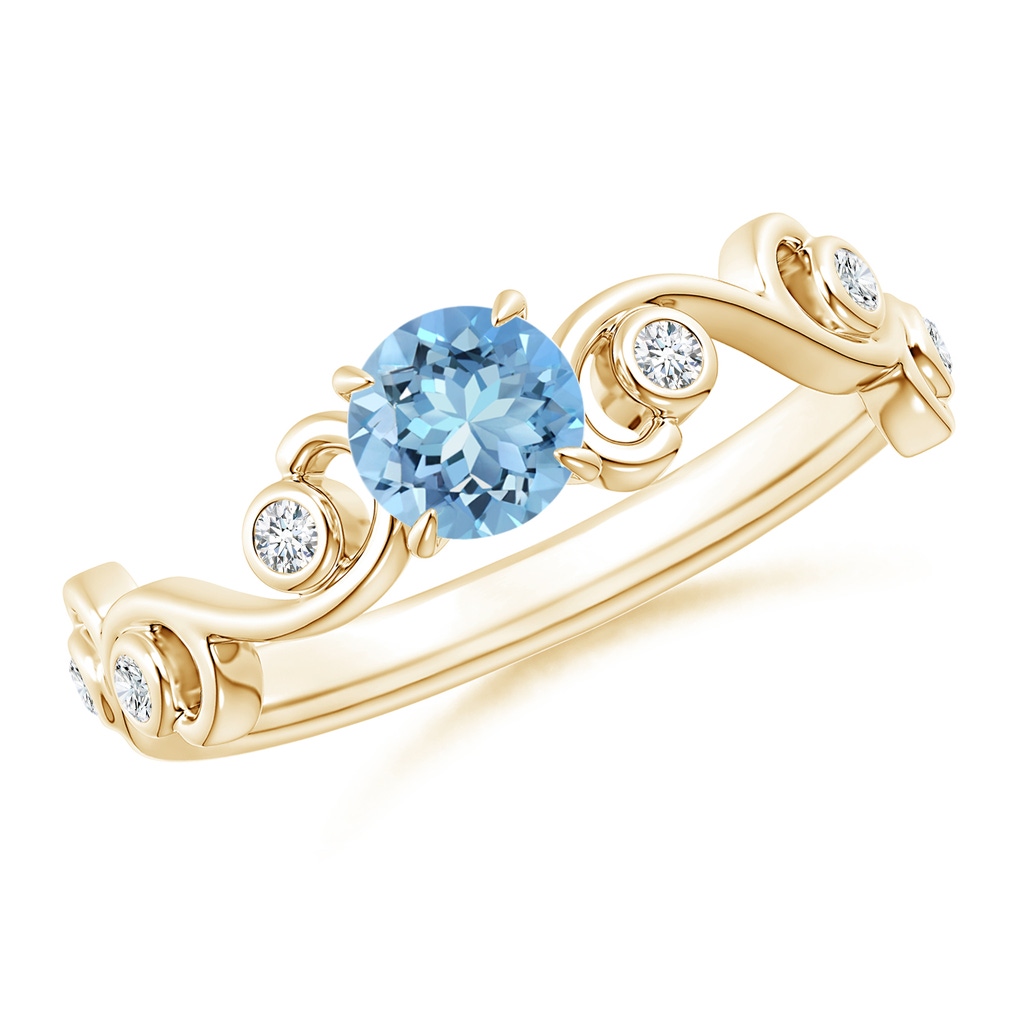 5mm AAAA Aquamarine and Diamond Ivy Scroll Ring in Yellow Gold