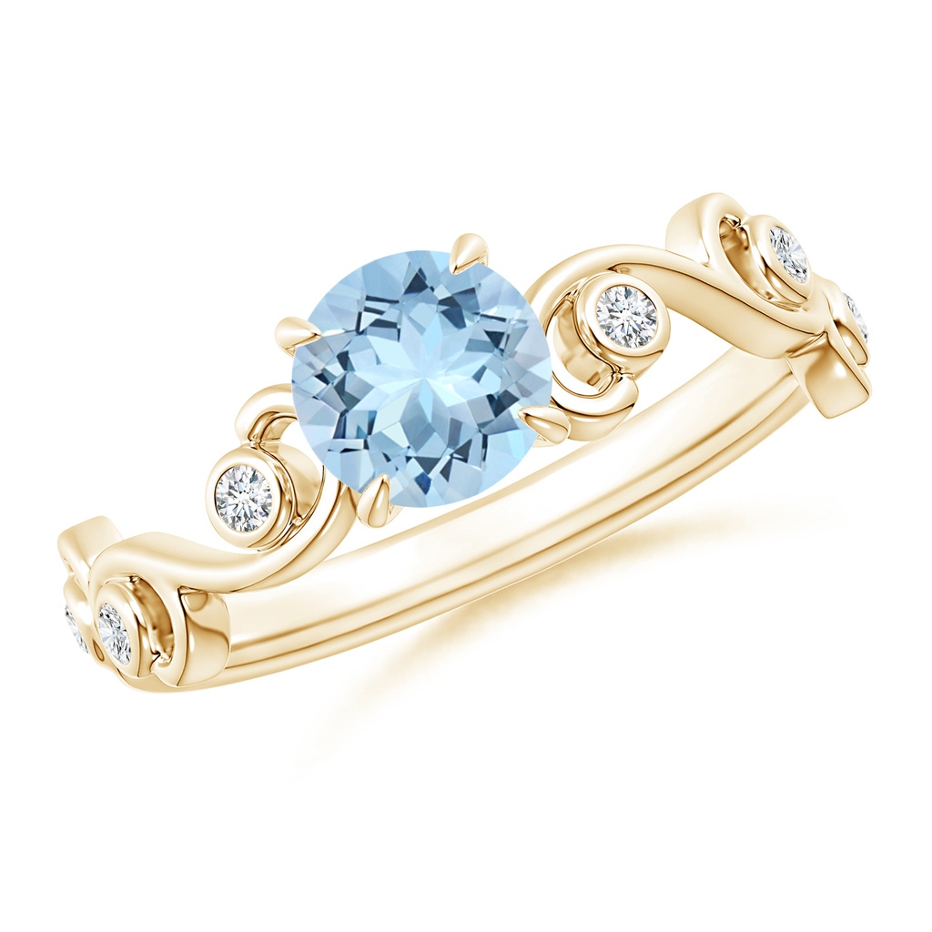 6mm AAA Aquamarine and Diamond Ivy Scroll Ring in 10K Yellow Gold