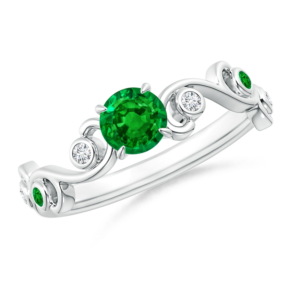 5mm AAAA Emerald and Diamond Ivy Scroll Ring in White Gold