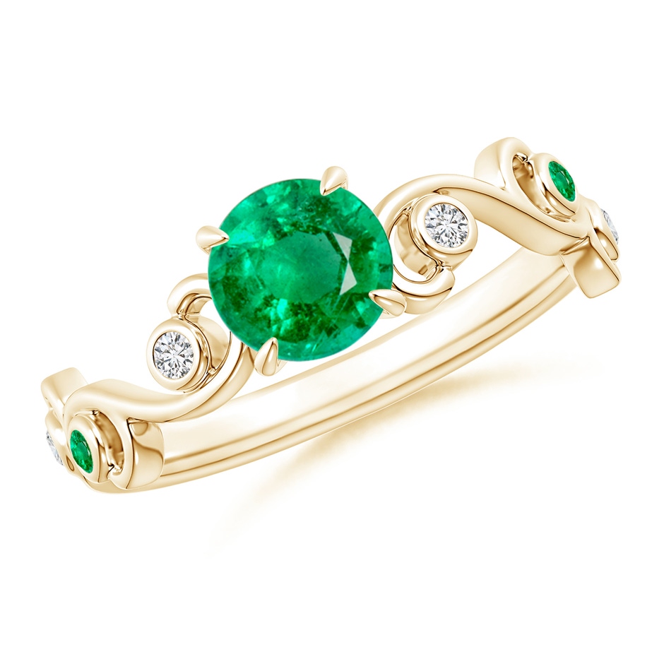 6mm AAA Emerald and Diamond Ivy Scroll Ring in Yellow Gold 