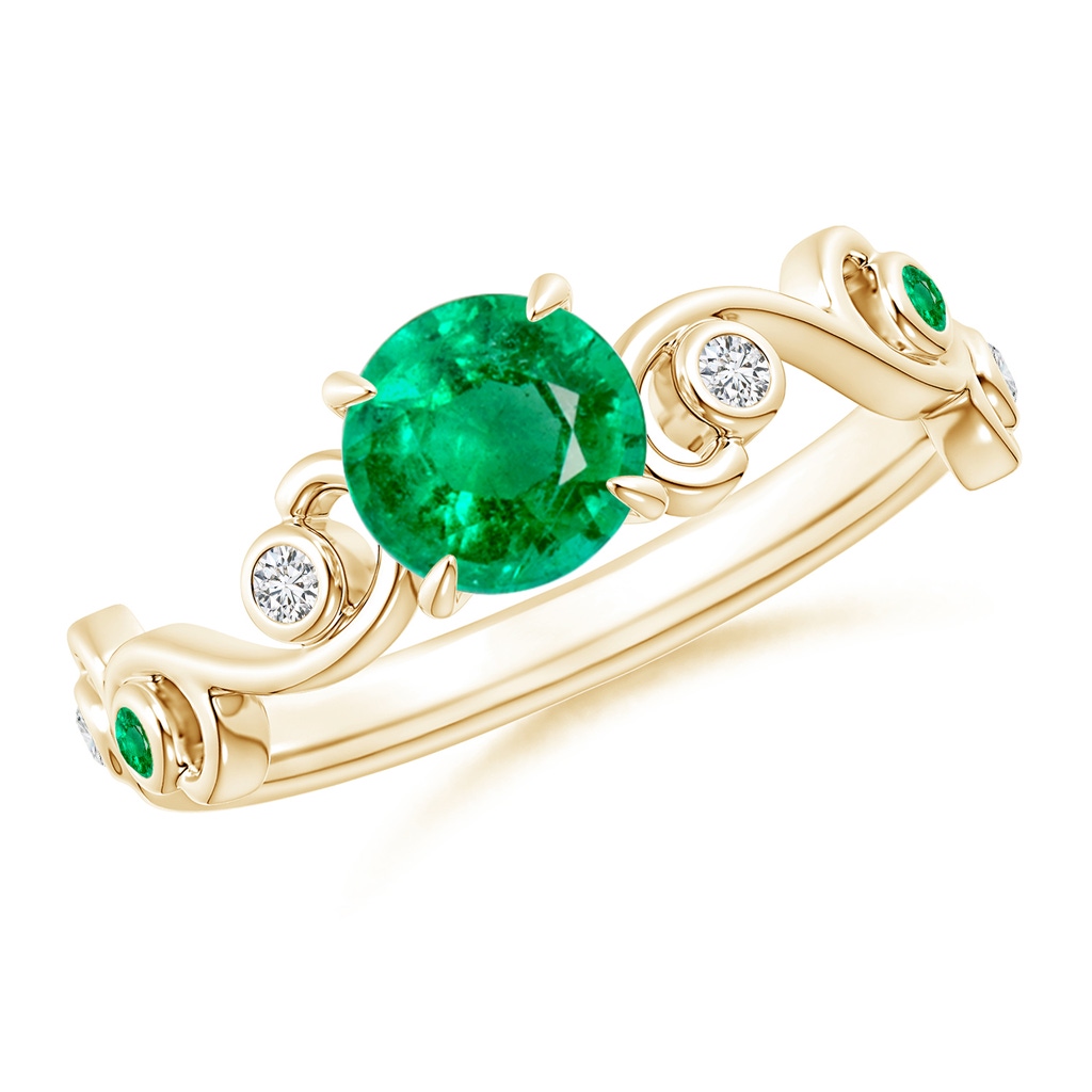 6mm AAA Emerald and Diamond Ivy Scroll Ring in Yellow Gold