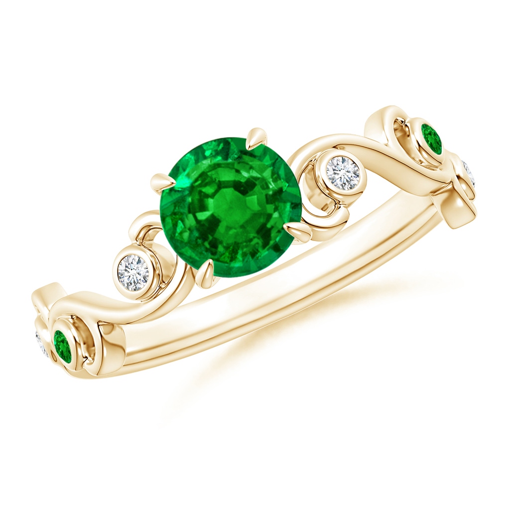 6mm AAAA Emerald and Diamond Ivy Scroll Ring in Yellow Gold