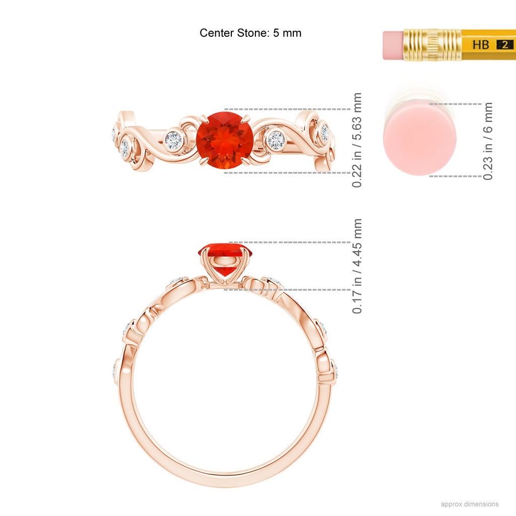 5mm AAAA Fire Opal and Diamond Ivy Scroll Ring in Rose Gold Ruler