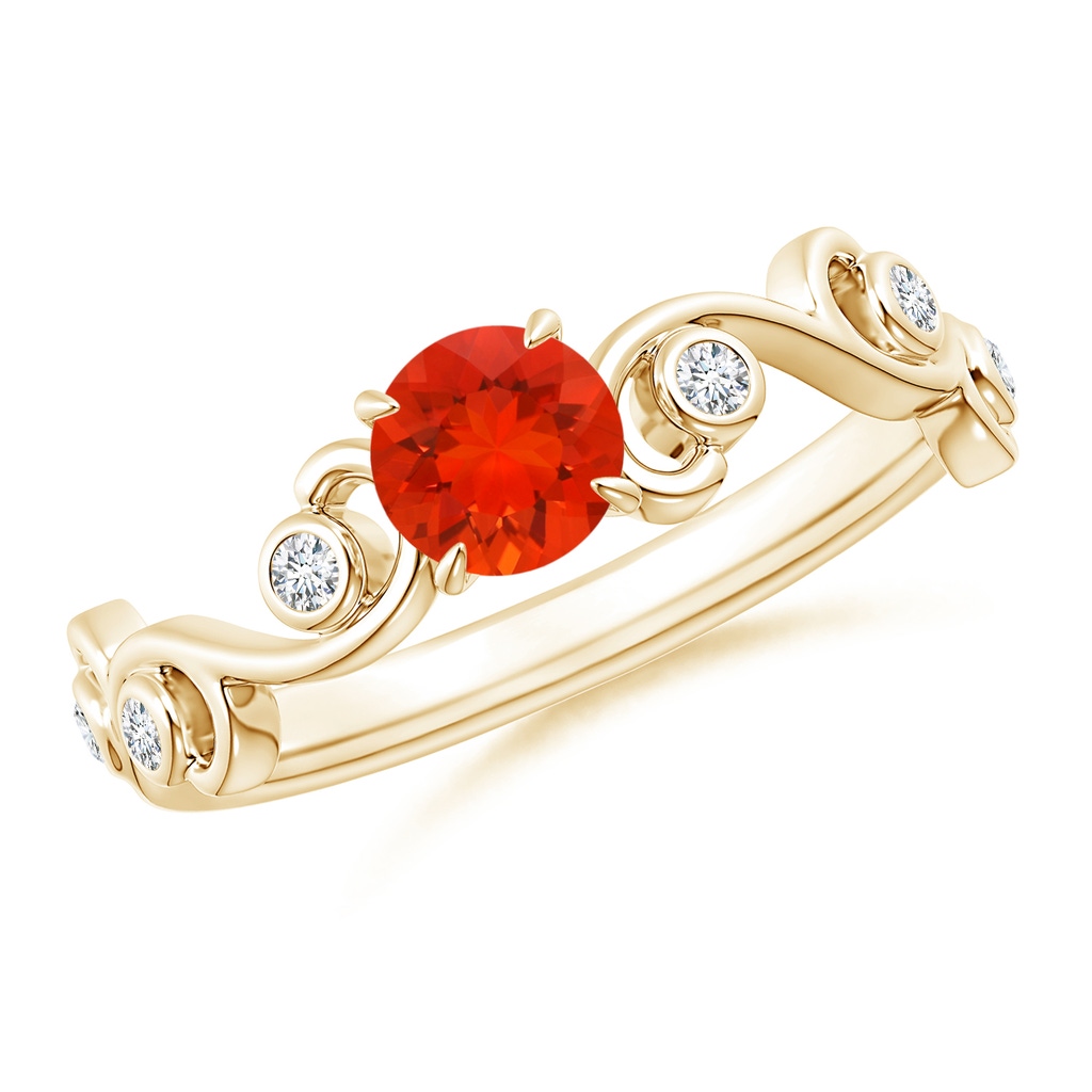 5mm AAAA Fire Opal and Diamond Ivy Scroll Ring in Yellow Gold