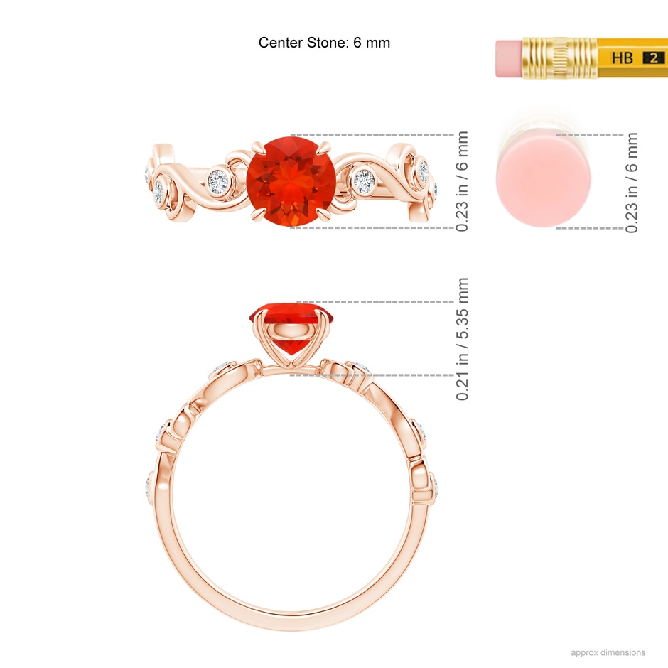 6mm AAAA Fire Opal and Diamond Ivy Scroll Ring in Rose Gold ruler