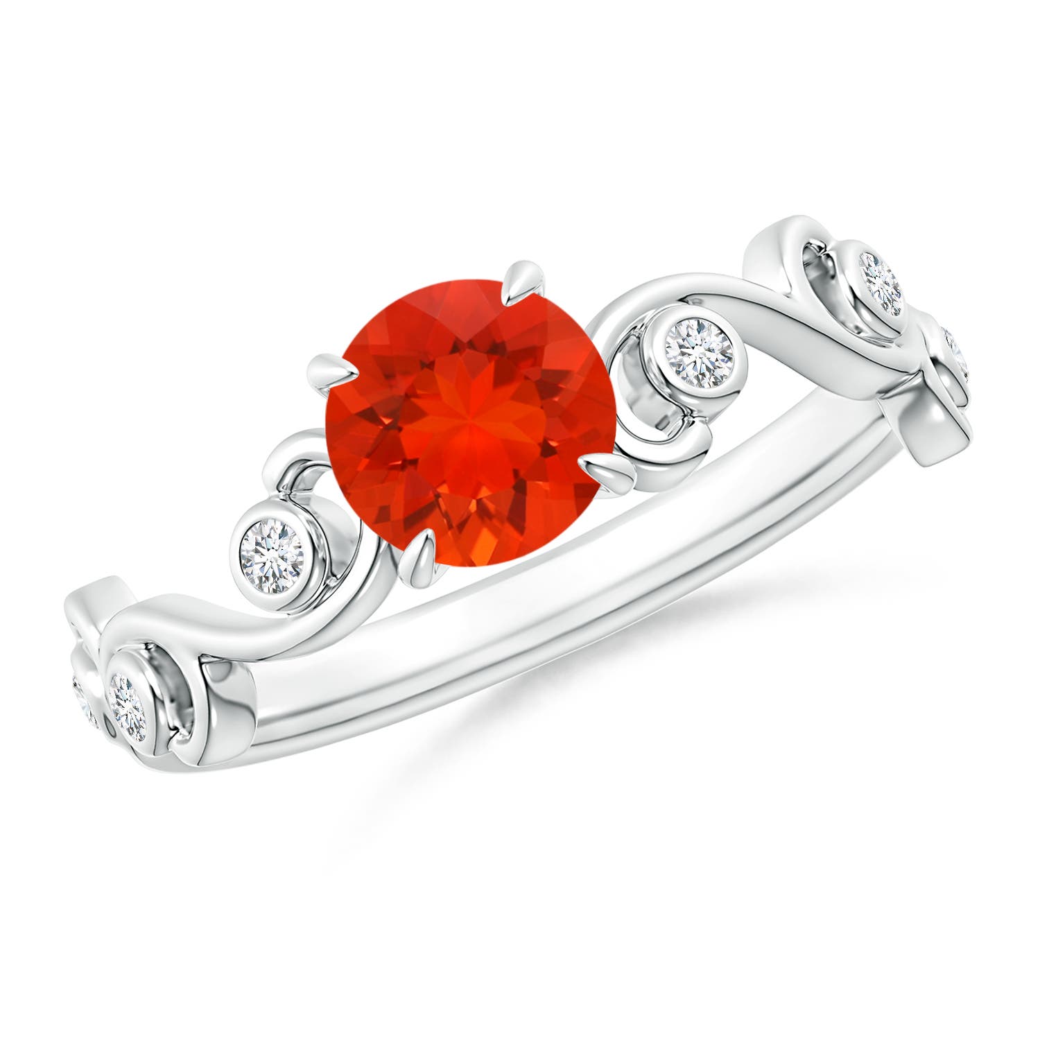 6mm AAAA Fire Opal and Diamond Ivy Scroll Ring in White Gold
