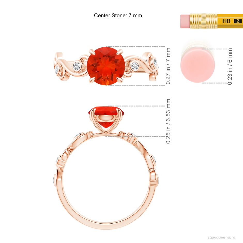7mm AAAA Fire Opal and Diamond Ivy Scroll Ring in Rose Gold ruler