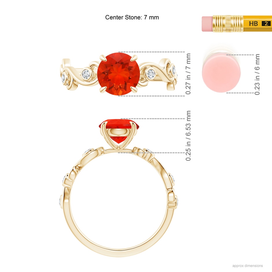 7mm AAAA Fire Opal and Diamond Ivy Scroll Ring in Yellow Gold ruler