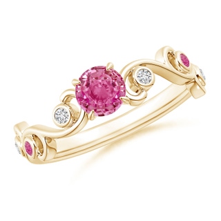 5mm AAA Pink Sapphire and Diamond Ivy Scroll Ring in Yellow Gold