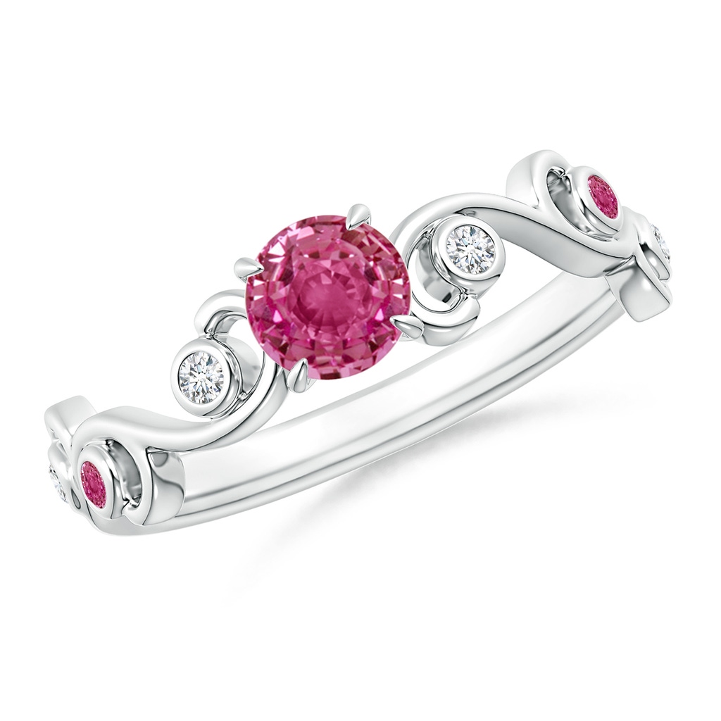 5mm AAAA Pink Sapphire and Diamond Ivy Scroll Ring in White Gold