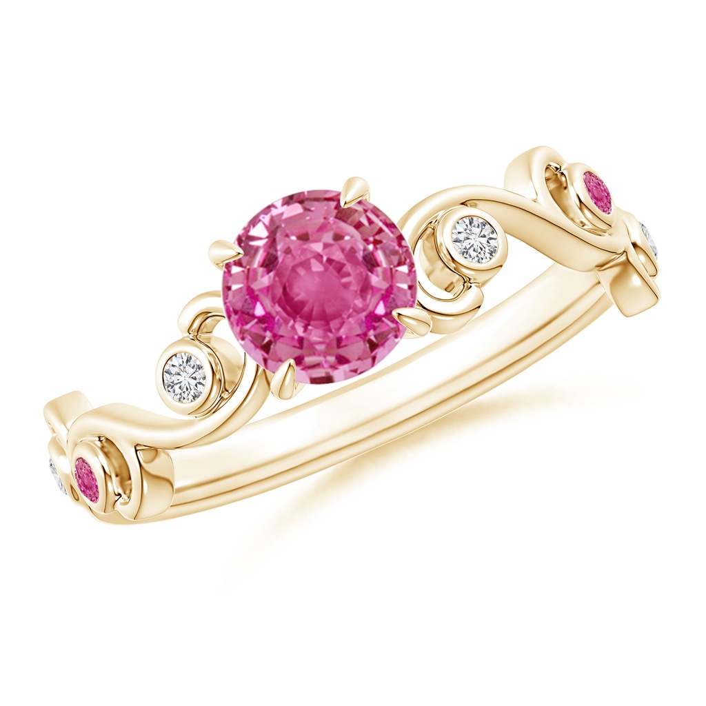 6mm AAA Pink Sapphire and Diamond Ivy Scroll Ring in Yellow Gold