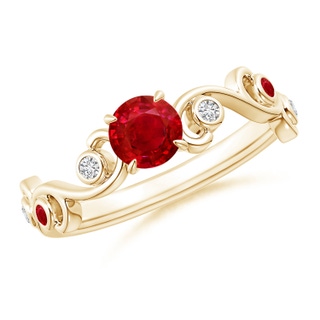 5mm AAA Ruby and Diamond Ivy Scroll Ring in Yellow Gold