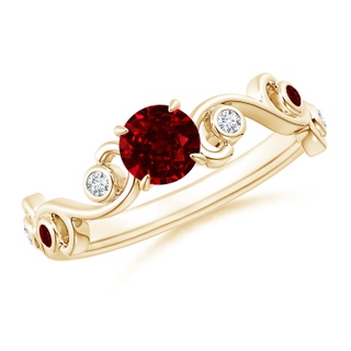 5mm AAAA Ruby and Diamond Ivy Scroll Ring in Yellow Gold