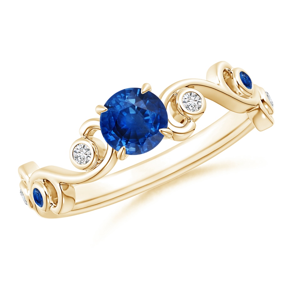 5mm AAA Blue Sapphire and Diamond Ivy Scroll Ring in Yellow Gold 