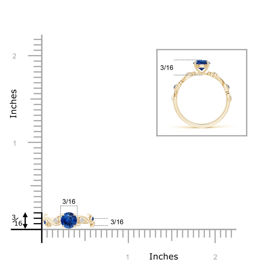 5mm AAA Blue Sapphire and Diamond Ivy Scroll Ring in Yellow Gold ruler