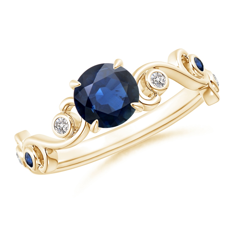 6mm AA Blue Sapphire and Diamond Ivy Scroll Ring in Yellow Gold 