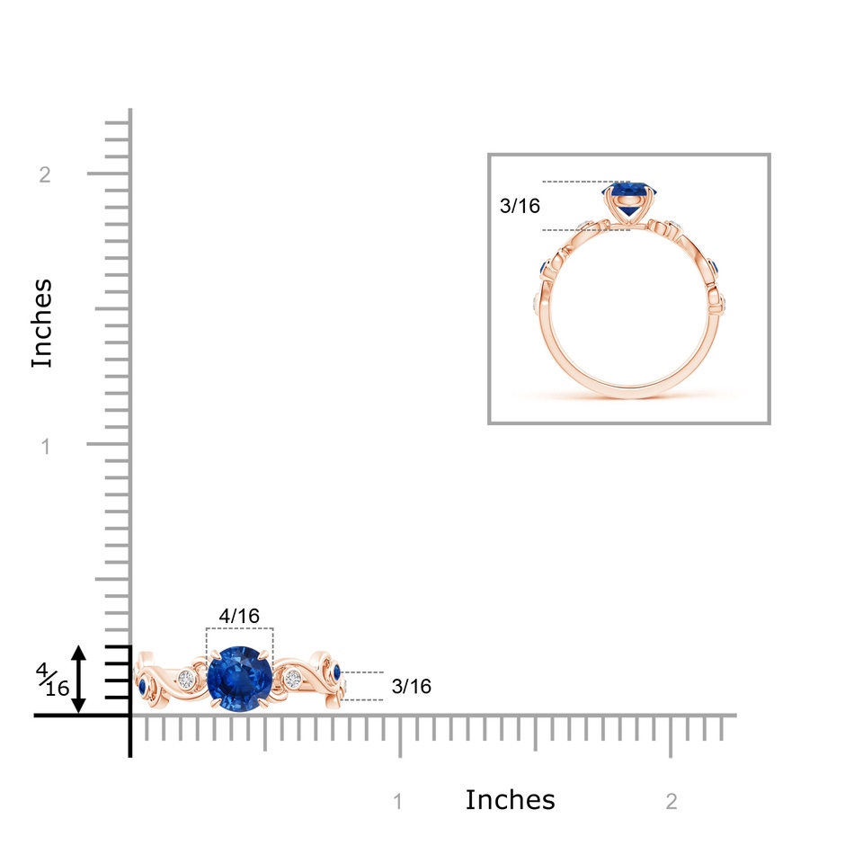 6mm AAA Blue Sapphire and Diamond Ivy Scroll Ring in Rose Gold ruler