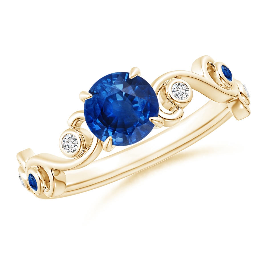 6mm AAA Blue Sapphire and Diamond Ivy Scroll Ring in Yellow Gold 