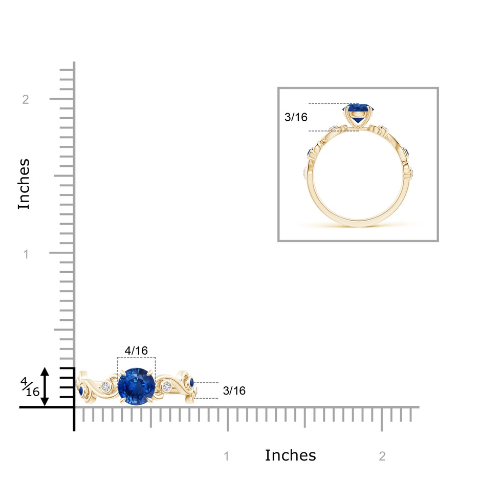 6mm AAA Blue Sapphire and Diamond Ivy Scroll Ring in Yellow Gold ruler