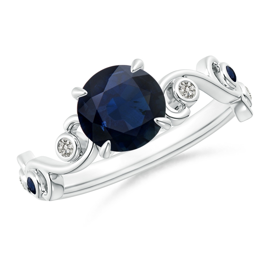 7mm A Blue Sapphire and Diamond Ivy Scroll Ring in White Gold 