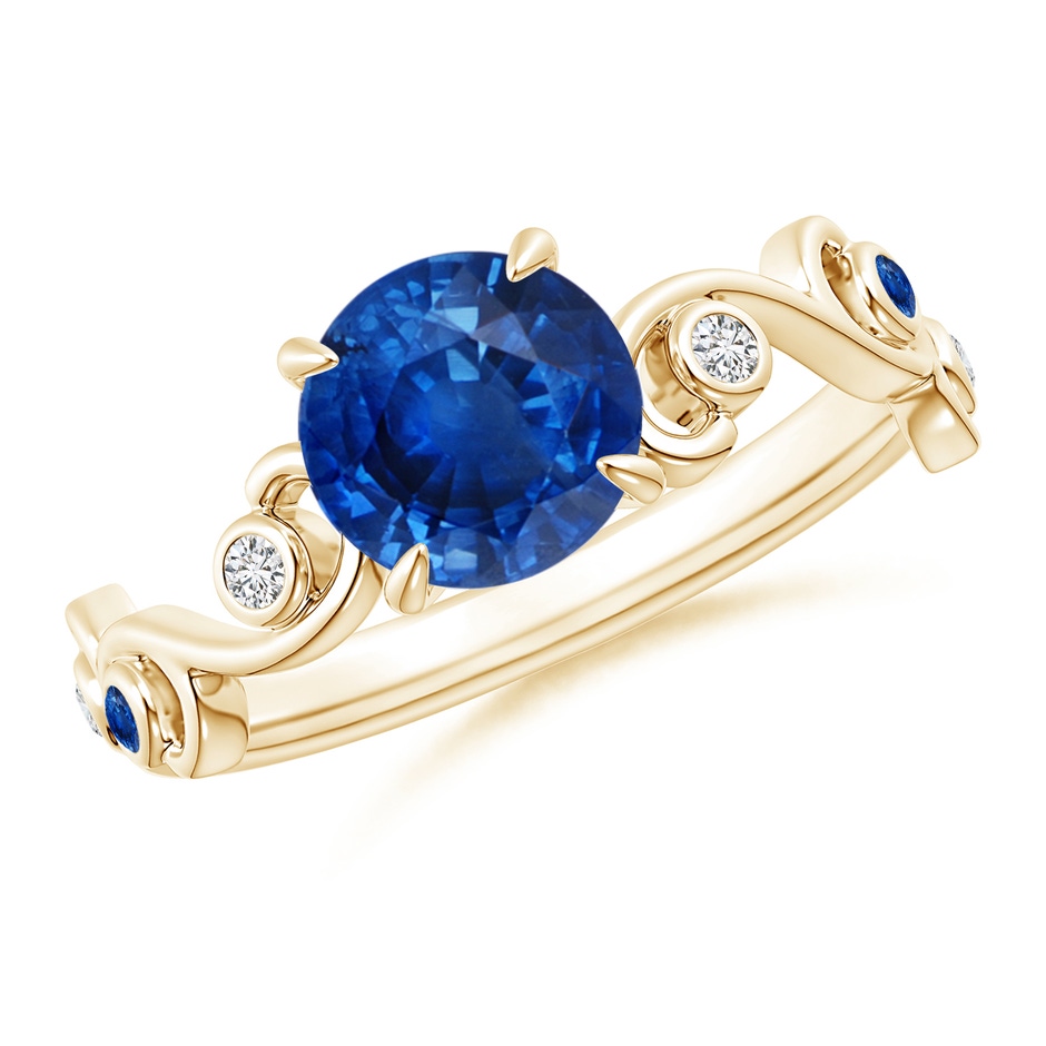 7mm AAA Blue Sapphire and Diamond Ivy Scroll Ring in Yellow Gold 