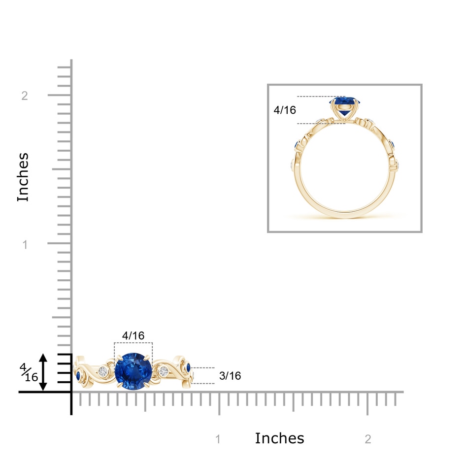 7mm AAA Blue Sapphire and Diamond Ivy Scroll Ring in Yellow Gold ruler