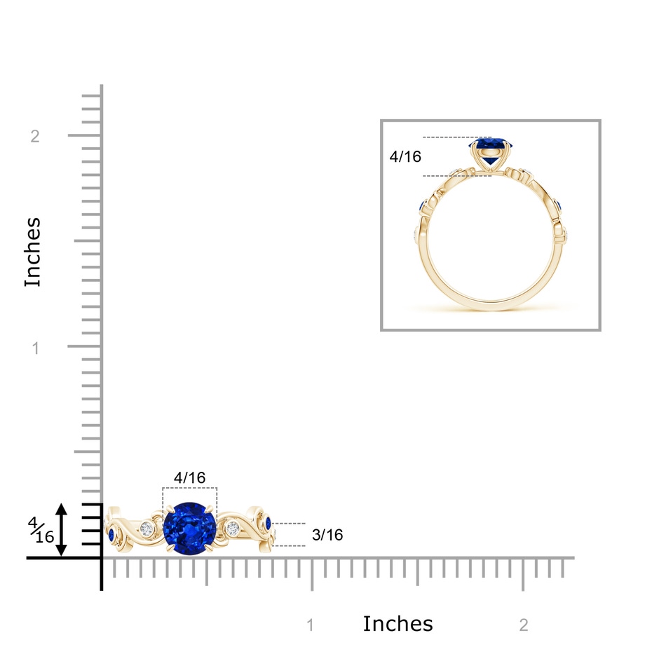 7mm AAAA Blue Sapphire and Diamond Ivy Scroll Ring in Yellow Gold ruler