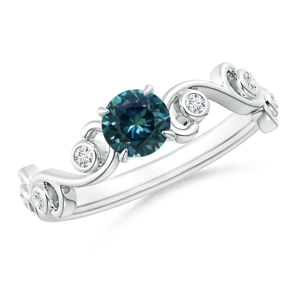 5mm AAA Teal Montana Sapphire and Diamond Ivy Scroll Ring in White Gold