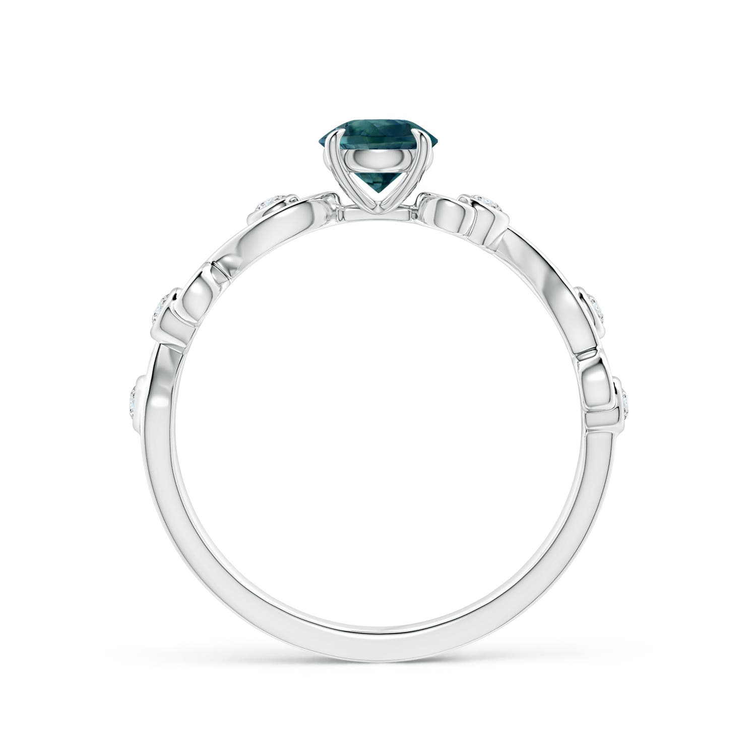 5mm AAA Teal Montana Sapphire and Diamond Ivy Scroll Ring in White Gold - side 2