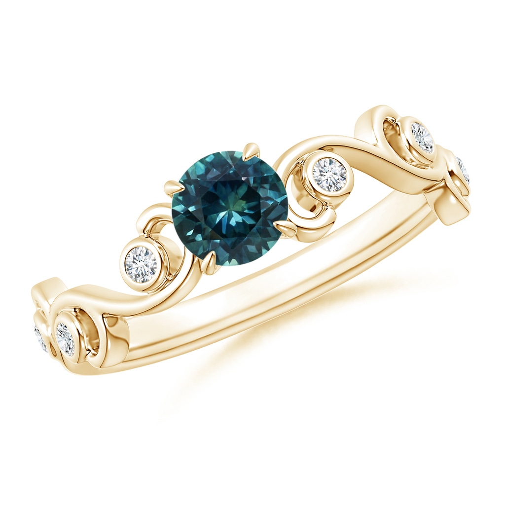 5mm AAA Teal Montana Sapphire and Diamond Ivy Scroll Ring in Yellow Gold