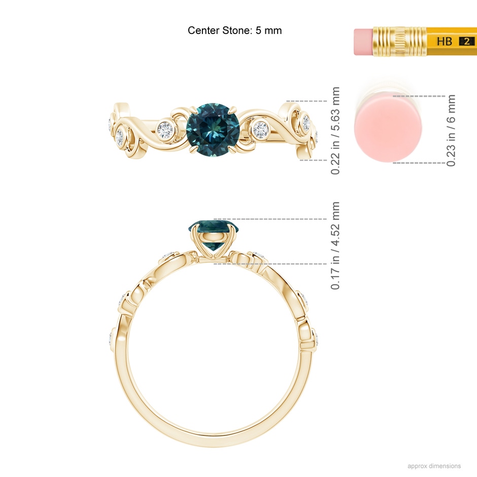 5mm AAA Teal Montana Sapphire and Diamond Ivy Scroll Ring in Yellow Gold ruler