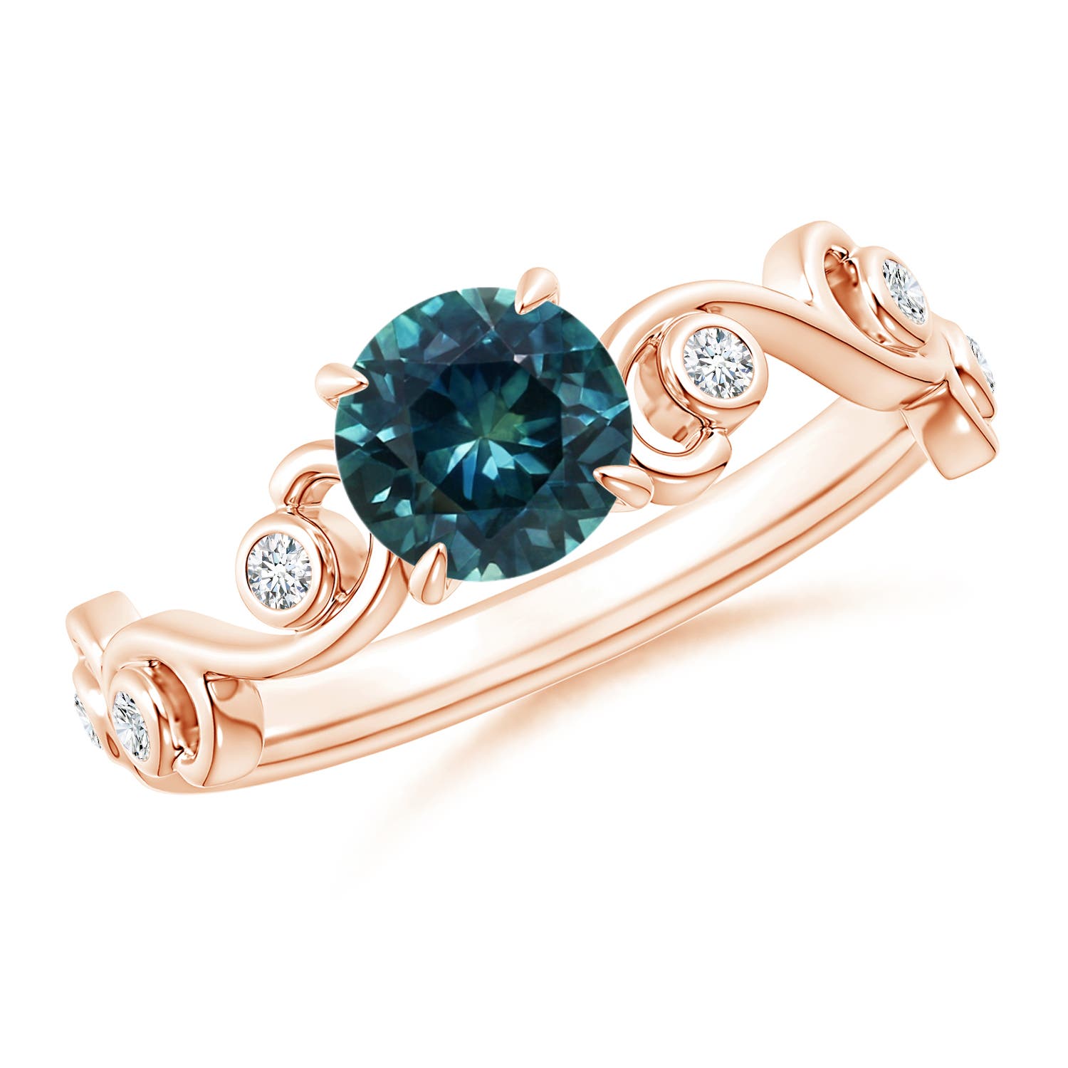6mm AAA Teal Montana Sapphire and Diamond Ivy Scroll Ring in 18CT Rose Gold