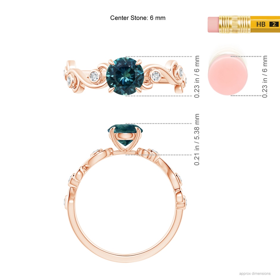6mm AAA Teal Montana Sapphire and Diamond Ivy Scroll Ring in 18K Rose Gold ruler