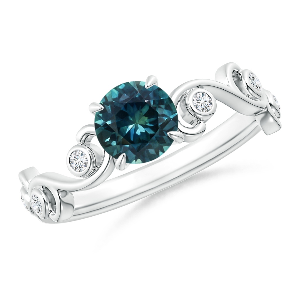 6mm AAA Teal Montana Sapphire and Diamond Ivy Scroll Ring in White Gold