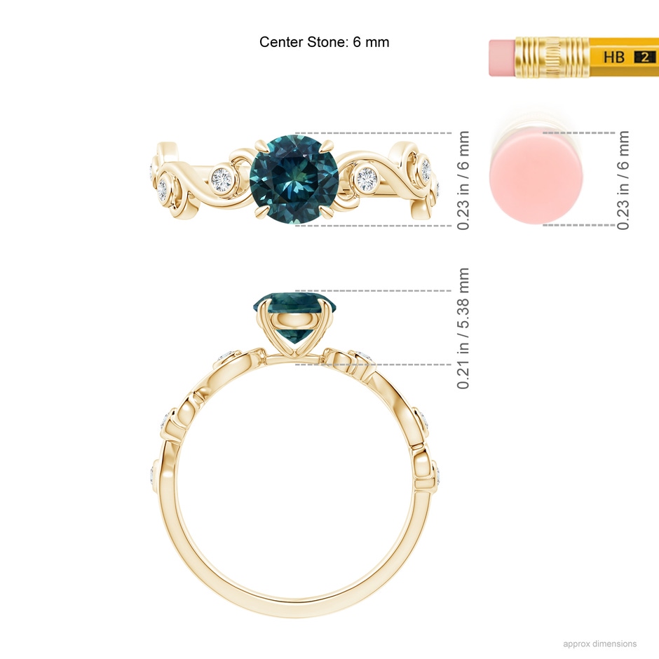 6mm AAA Teal Montana Sapphire and Diamond Ivy Scroll Ring in Yellow Gold ruler