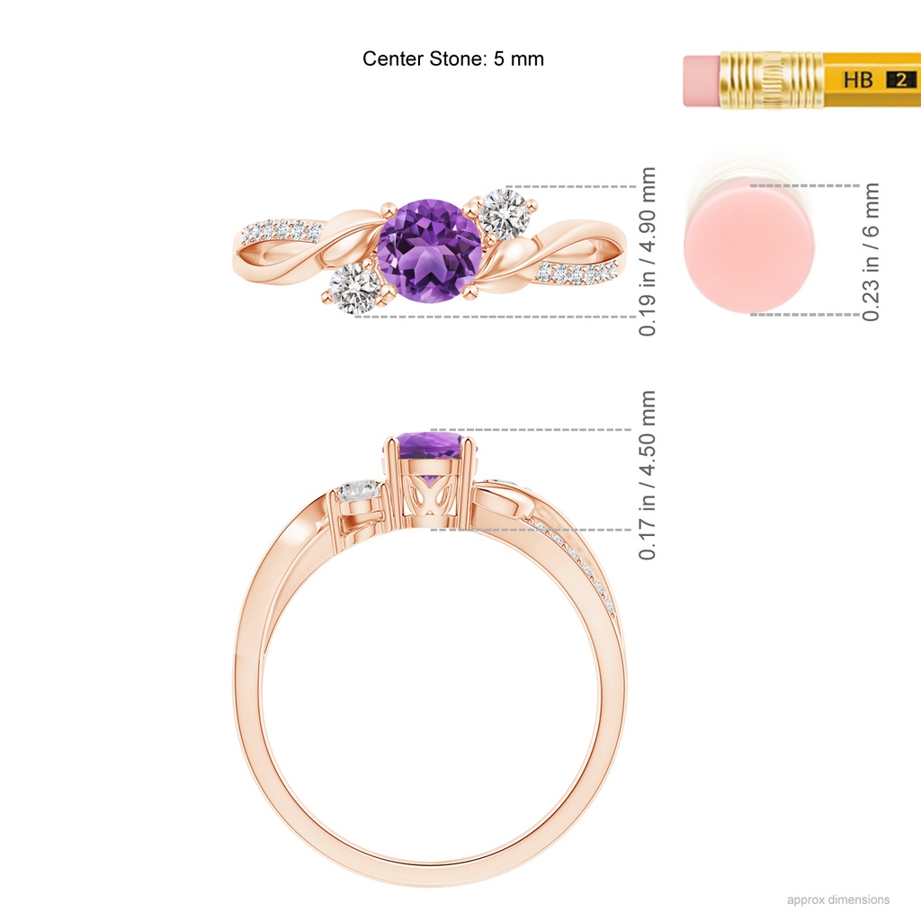 5mm AA Amethyst and Diamond Twisted Vine Ring in Rose Gold Ruler