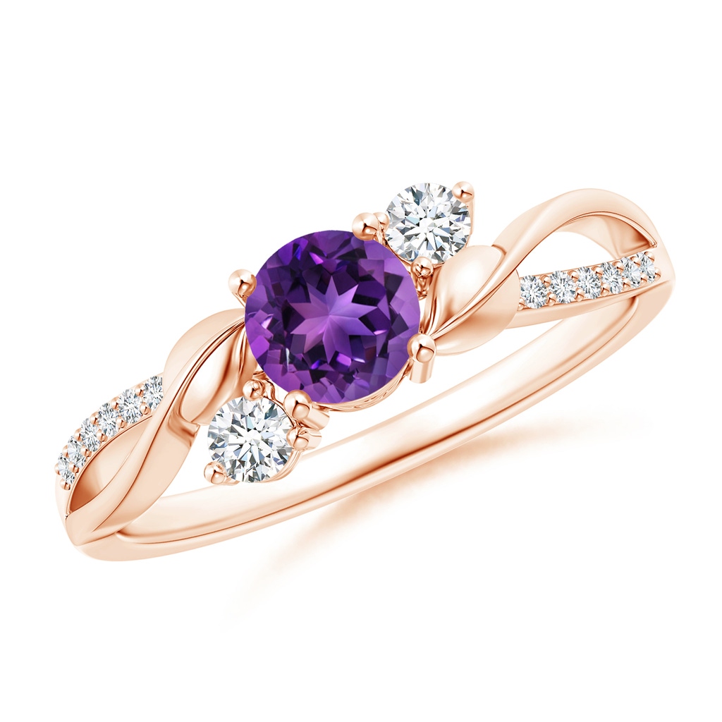 5mm AAAA Amethyst and Diamond Twisted Vine Ring in Rose Gold