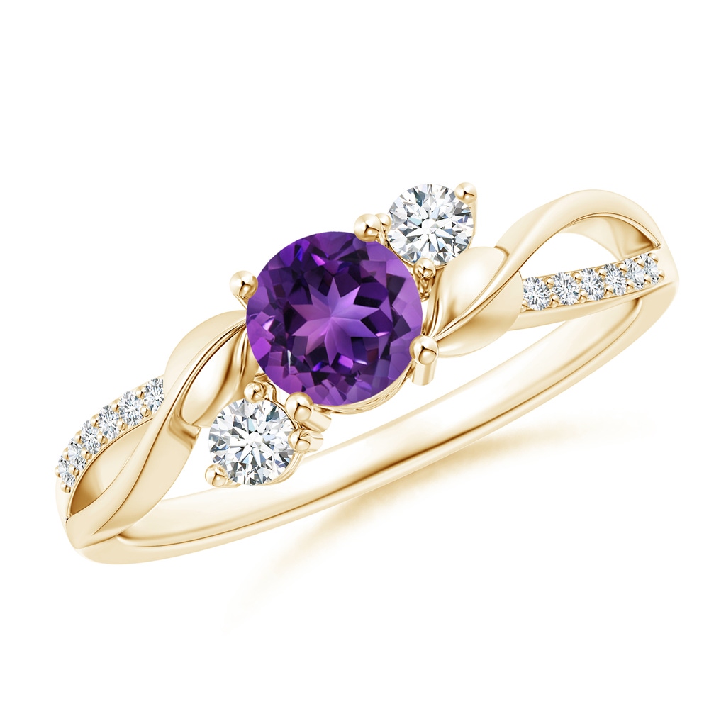 5mm AAAA Amethyst and Diamond Twisted Vine Ring in Yellow Gold