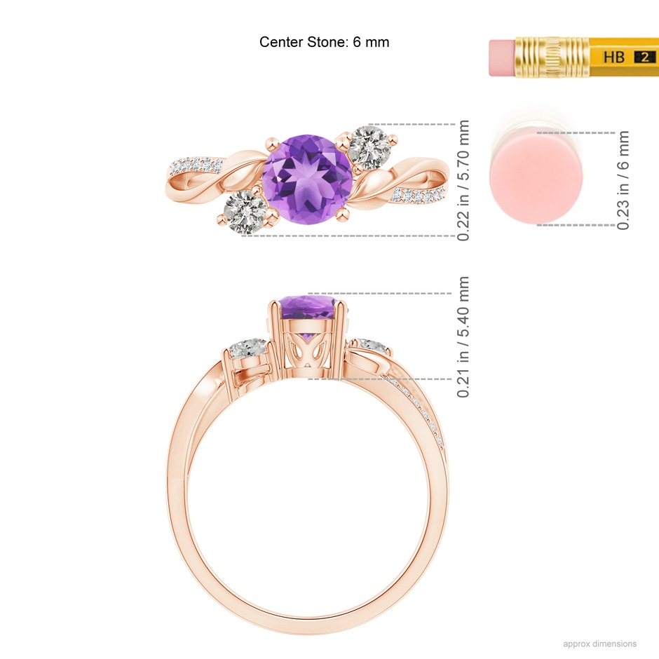 6mm A Amethyst and Diamond Twisted Vine Ring in Rose Gold ruler