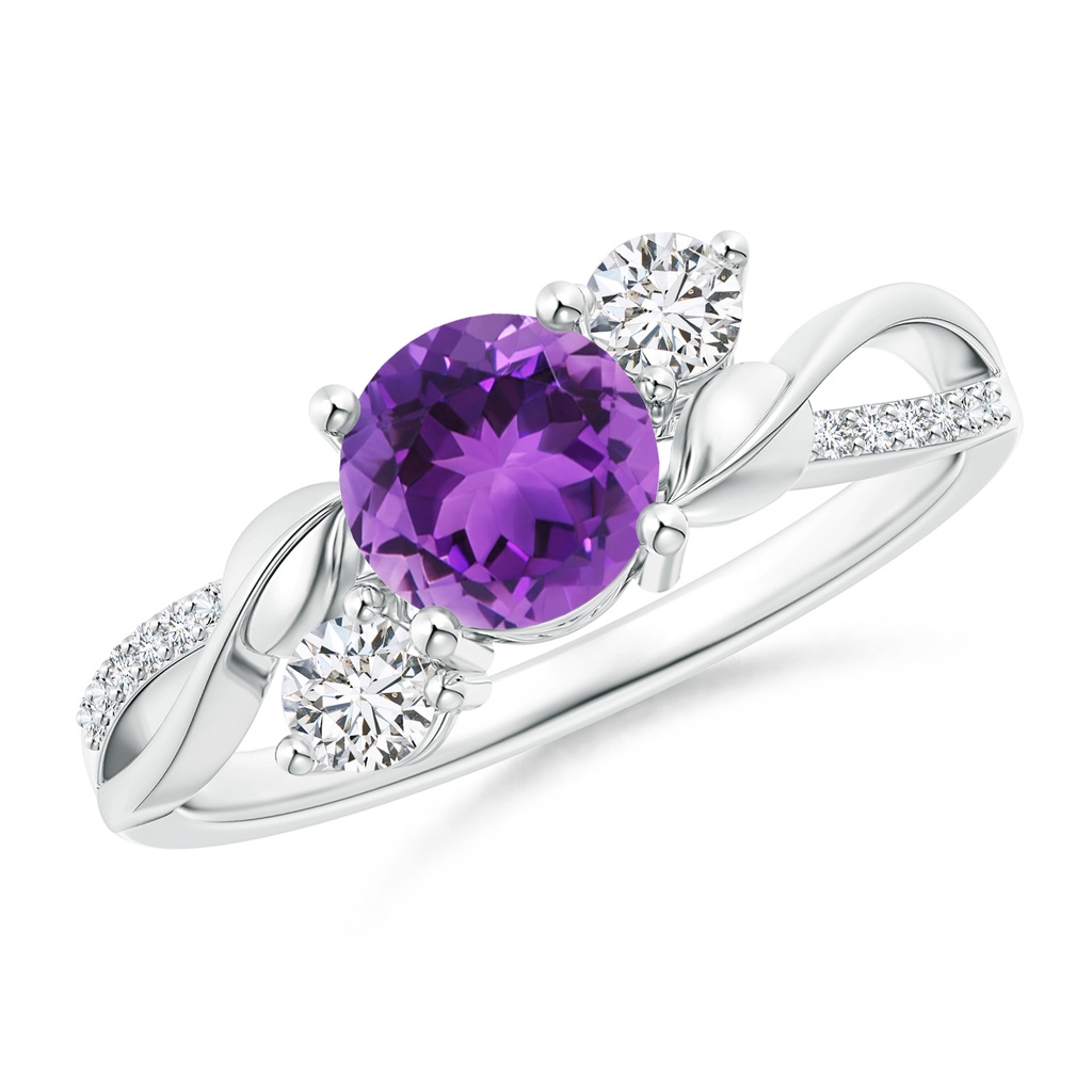6mm AAA Amethyst and Diamond Twisted Vine Ring in White Gold