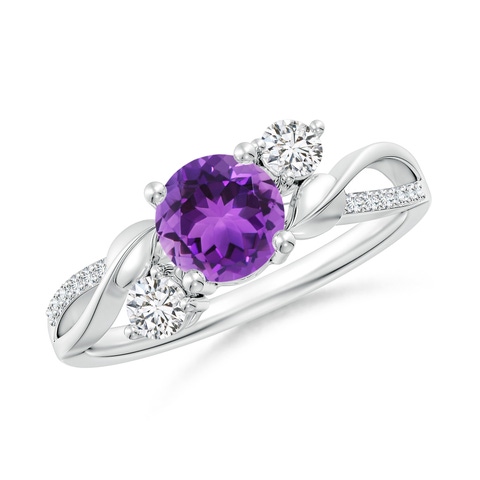 6mm AAA Amethyst and Diamond Twisted Vine Ring in White Gold