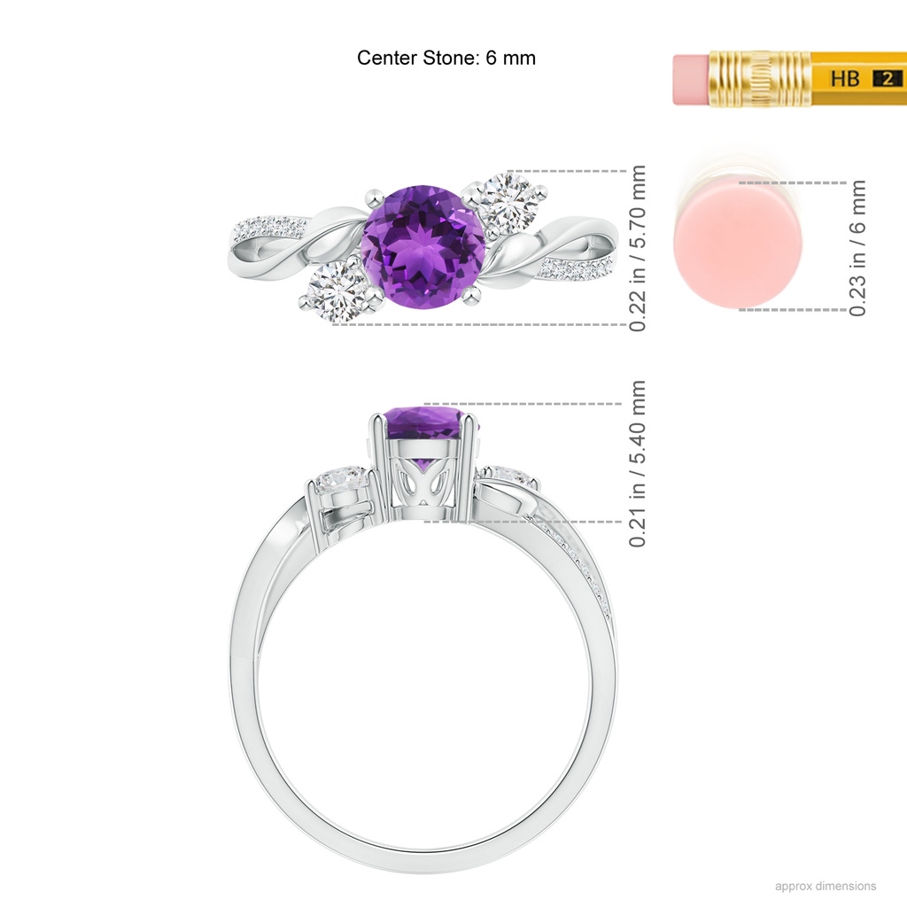 6mm AAA Amethyst and Diamond Twisted Vine Ring in White Gold Ruler