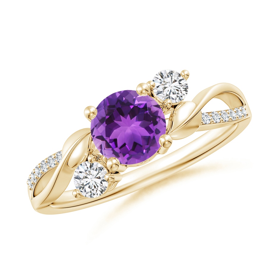 6mm AAA Amethyst and Diamond Twisted Vine Ring in Yellow Gold 