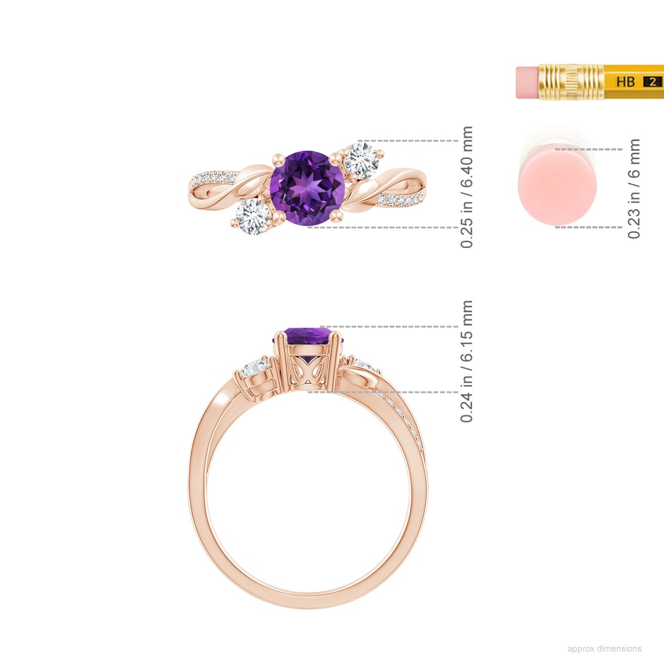 6mm AAAA Amethyst and Diamond Twisted Vine Ring in Rose Gold ruler
