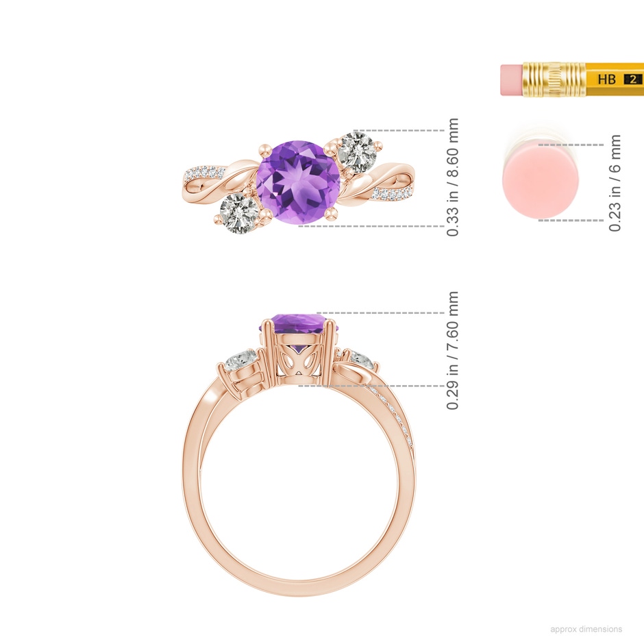 7mm A Amethyst and Diamond Twisted Vine Ring in Rose Gold ruler