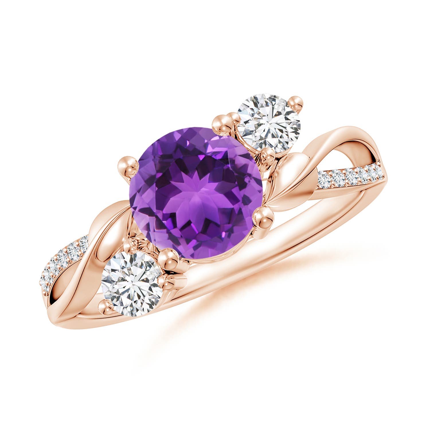 7mm AAA Amethyst and Diamond Twisted Vine Ring in 18CT Rose Gold