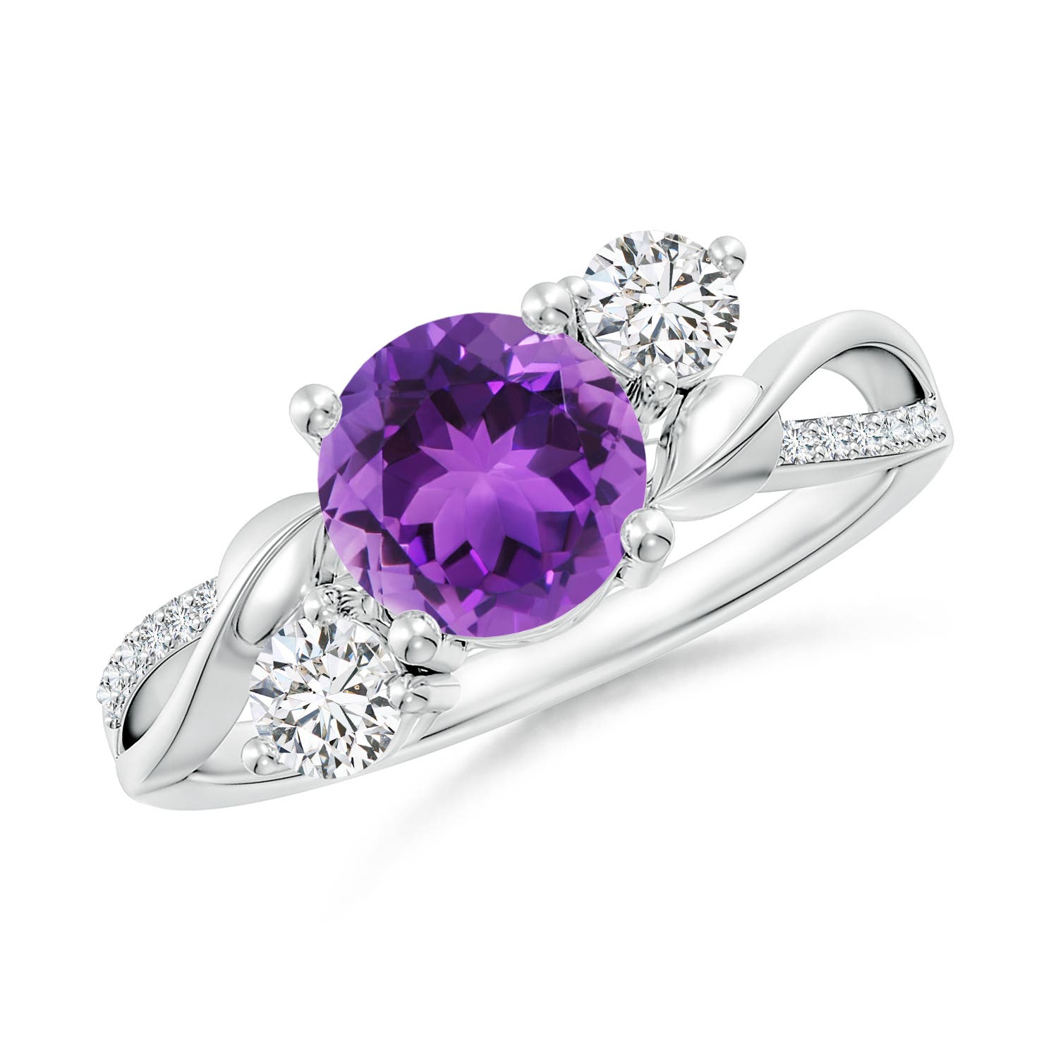 7mm AAA Amethyst and Diamond Twisted Vine Ring in 18K White Gold