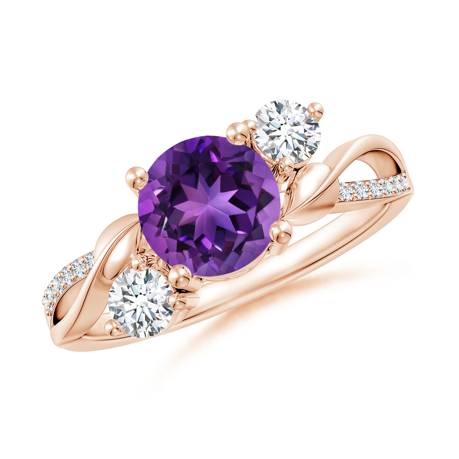 7mm AAAA Amethyst and Diamond Twisted Vine Ring in 18CT Rose Gold