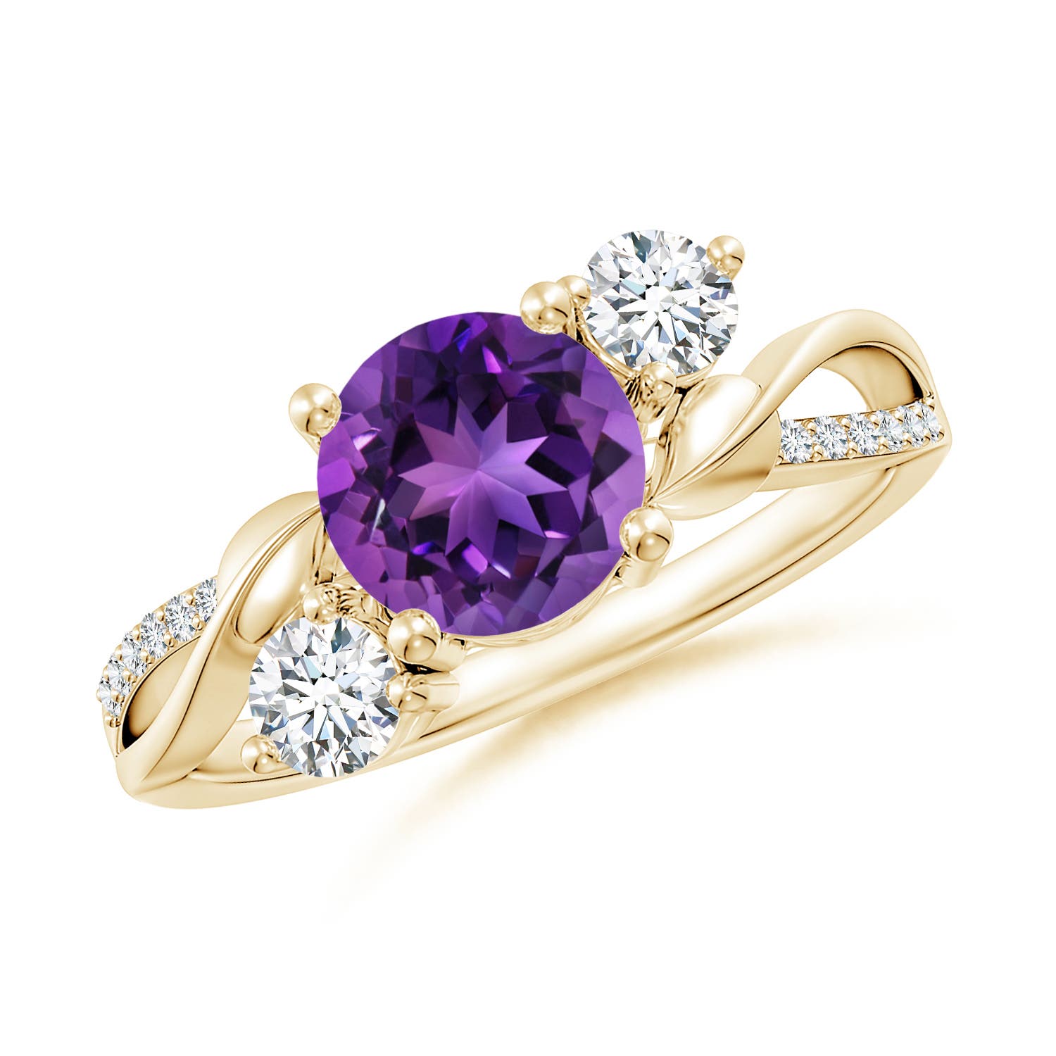 7mm AAAA Amethyst and Diamond Twisted Vine Ring in 18K Yellow Gold