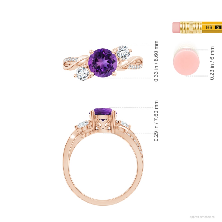 7mm AAAA Amethyst and Diamond Twisted Vine Ring in Rose Gold ruler